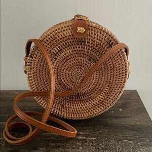 Round Woven Tan Crossbody Bag